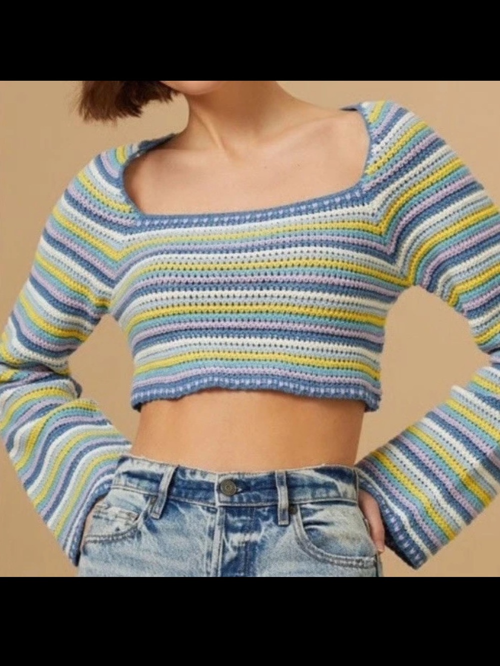 Altar’d State Layla Crochet Green Blue Cropped Knit Sweater Size XXS